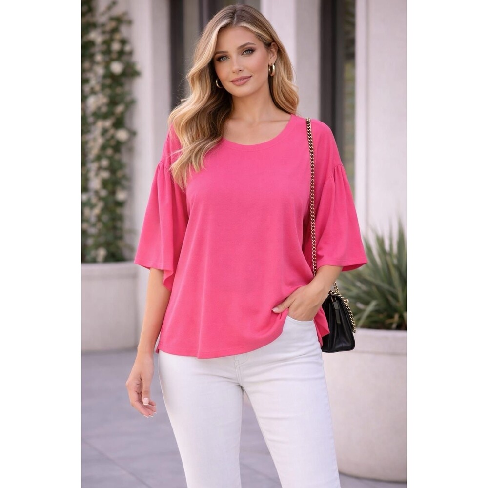 EILEEN‎ FISHER Top XXS/TTP 100% SILK Georgette Pink Ruffle Elbow Sleeve R18GC1